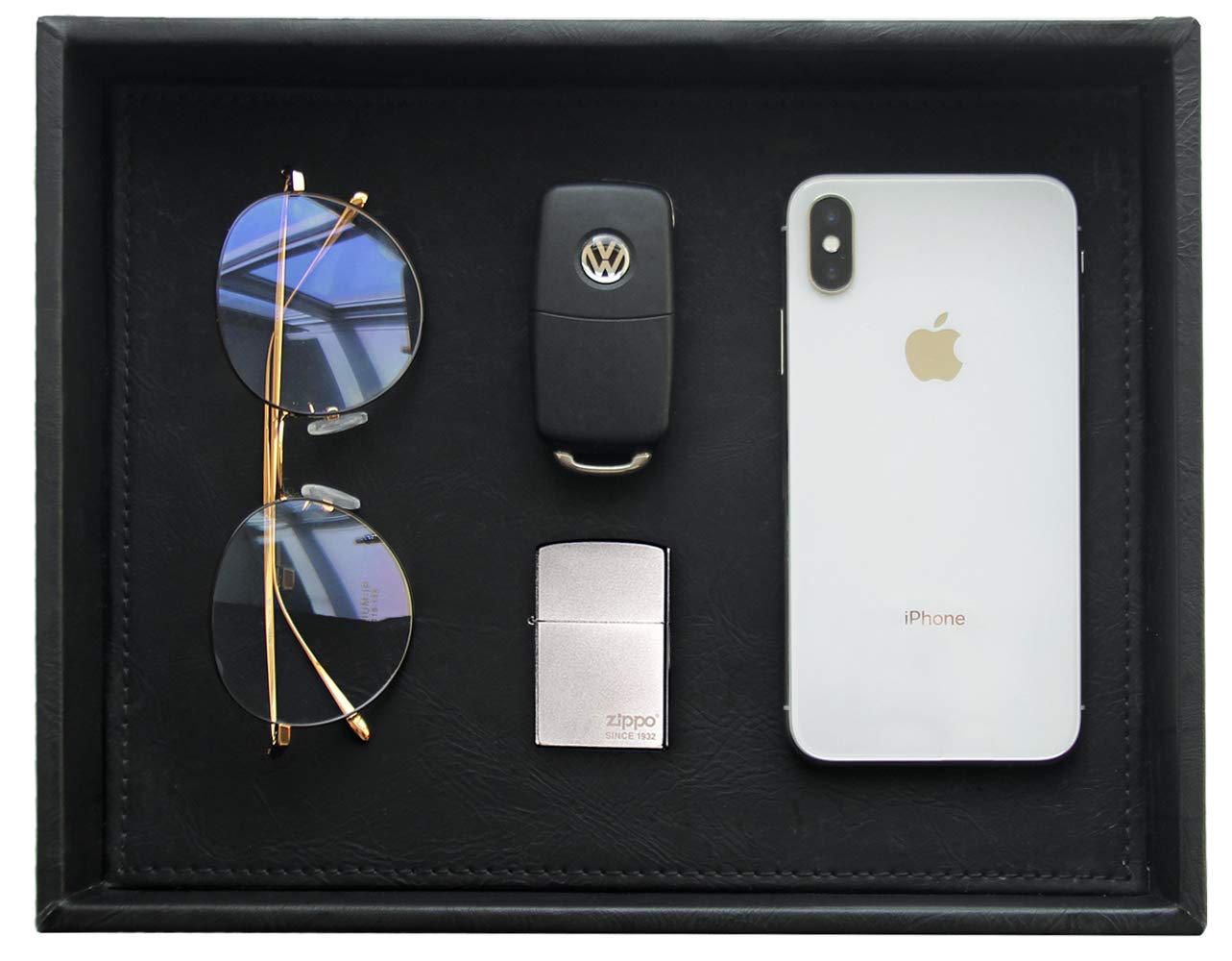 Vixdonos Valet Tray Nightstand Organizer Leather Catchall Tray for Perfume,Jewelry,Key and Remote on Counter or Dresser(Black)