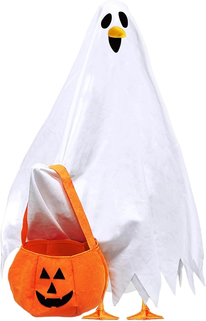 VERTUPET Halloween Ghost Costume for Garden Goose, 23" Outdoor Goose Outfit with Pumpkin Felt Bag, Holiday Yard Decor Accessories