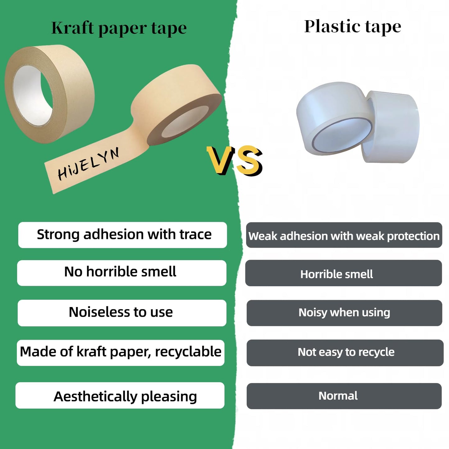 Hijelyn Eco-Friendly Brown Paper Packing Tape 66 Yards x 6 Rolls Recyclable Kraft Packaging Tape for Moving Shipping Mailing, Odorless and Quiet Box & Carton Sealing Packaging Supplies 2 Inch Width