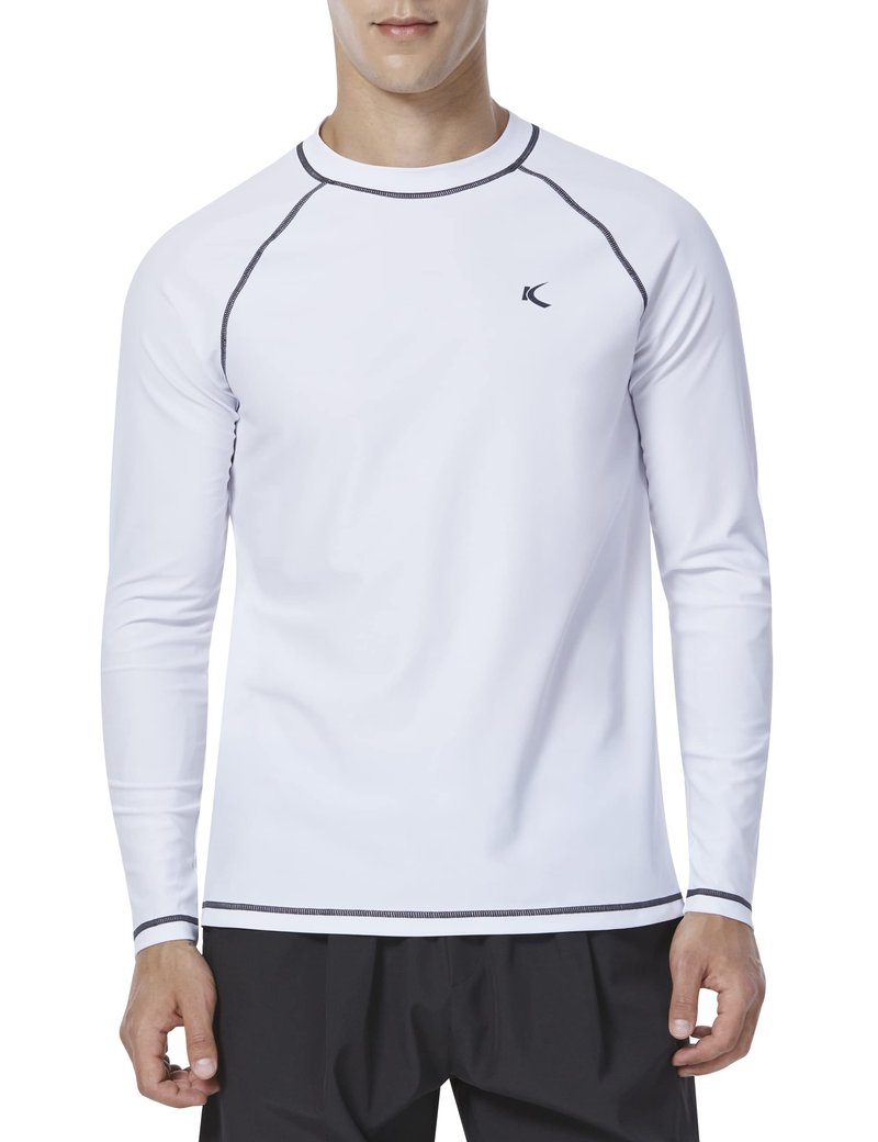 Mens Rash Guard UPF 50+ Swim Shirts UV Sun Protection T-Shirt Quick Dry Long Sleeve Beach Shirts for Fishing, White, L