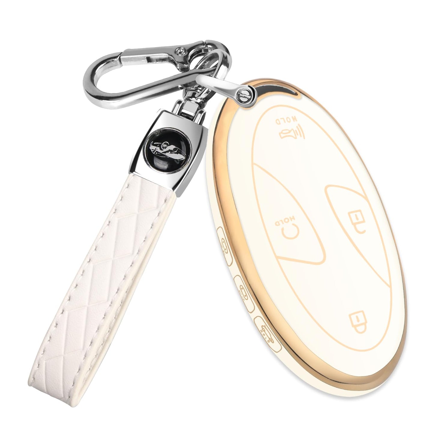 QBUC for Car Key Fob Cover,TPU 360 Degree Car Key Case Protector with Leather Keychain,7 Buttons smart key(White)