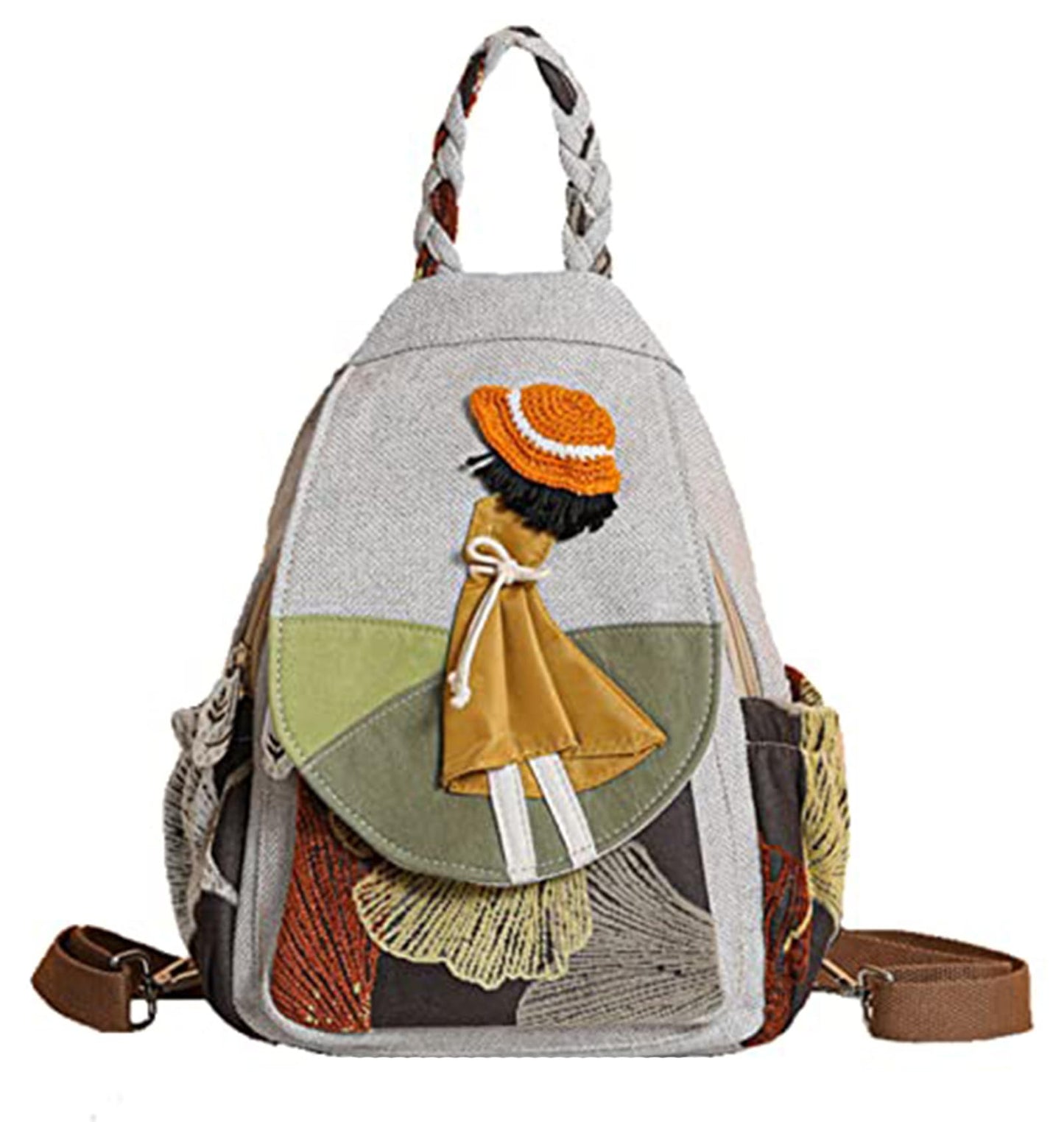 Qalmea Casual Mini Daypack for Girls Small Backpack for Women，Girl's Convertible Sling Bag Handmade Canvas Bags（Floral Patterns）