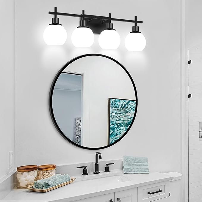 4-Light Modern Vanity Lighting Fixtures, Bathroom Wall Mounted Vanity Light,Black Bathroom Lighting Fixtures Over Mirror with Milky White Glass Lampshade for Bedroom, Living Room