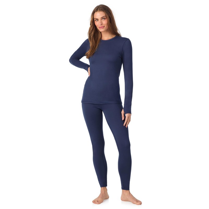 Cuddl Duds Womens Heavyweight Fleece 2 Piece Long Sleeve Thermal Underwear Set – Shirt & Leggings Base Layer for Cold Weather – Winter Clothing Long Johns Lounge Sets for Women, Navy Blue, XS
