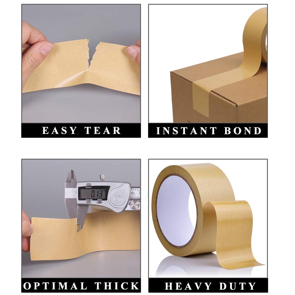 LLPT Kraft Paper Gummed Tape 6 Packs Recyclable Writable Tearable High Tensile Strength for Carton Sealing Photo Frame Seal 3” x 165 Ft Color Brown (PGB630)