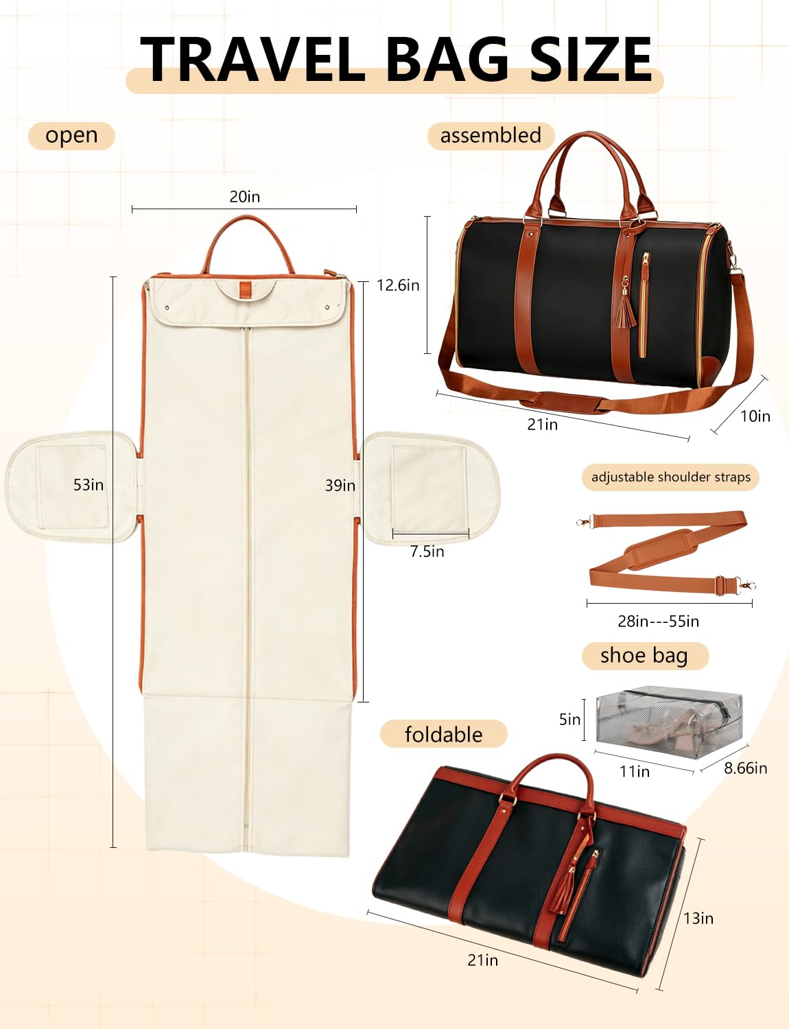 BSAKG 2 in 1 Convertible Garment Duffle Bags for Travel 45L Waterproof Carry on Duffle Bag for Men & Women with Shoe Lmproved Zipper and Reinforced Straps Suitable for Business & Weekend Trips Black