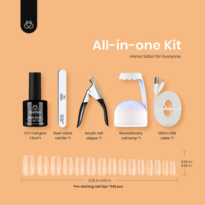 Beetles Gel Nail Extension Kit Almond Shape, Easy 9 in 1 Glue Uv Led Set Etch X Nail Tips Short Almond Half Matte Tips, Gift for Women & Girls, 504 pcs