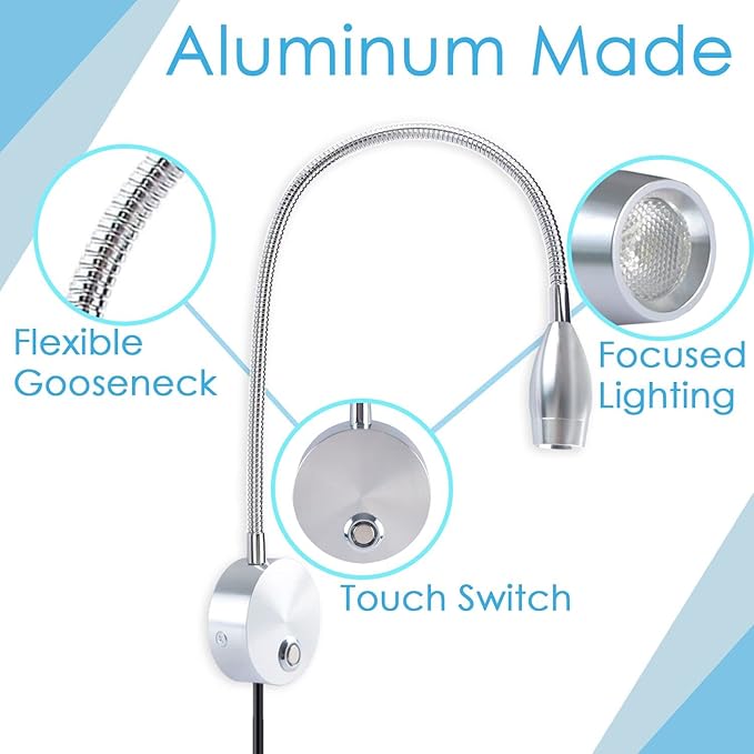 Adust Bedside Reading Light, Bedroom Reading Lamp, 3W LED Touch Dimmable Brightness Minimalist Wall Headboard Reading Lamp, Adjustable Colour Temperature, 3000k, 4000k, 6000k