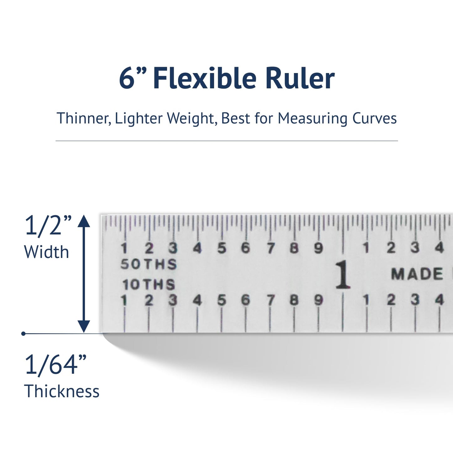 PEC Tools 6” Flexible Machinist Rule, Spring Tempered Steel Ruler with Satin Chrome Finish, 1/50" Thick x 1/2" Wide, Metal Ruler with Inch Graduation(3R), High Precision Measuring Tool, Made in USA