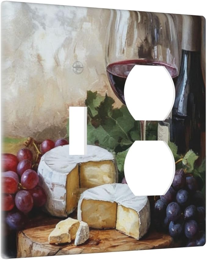 Decorative Art Light Switch Covers Wineglass & Artisanal Cheeses 2 Gang Single Toggle Duplex Combination Electrical Faceplate Switchplate Wall Plate for Home Decor