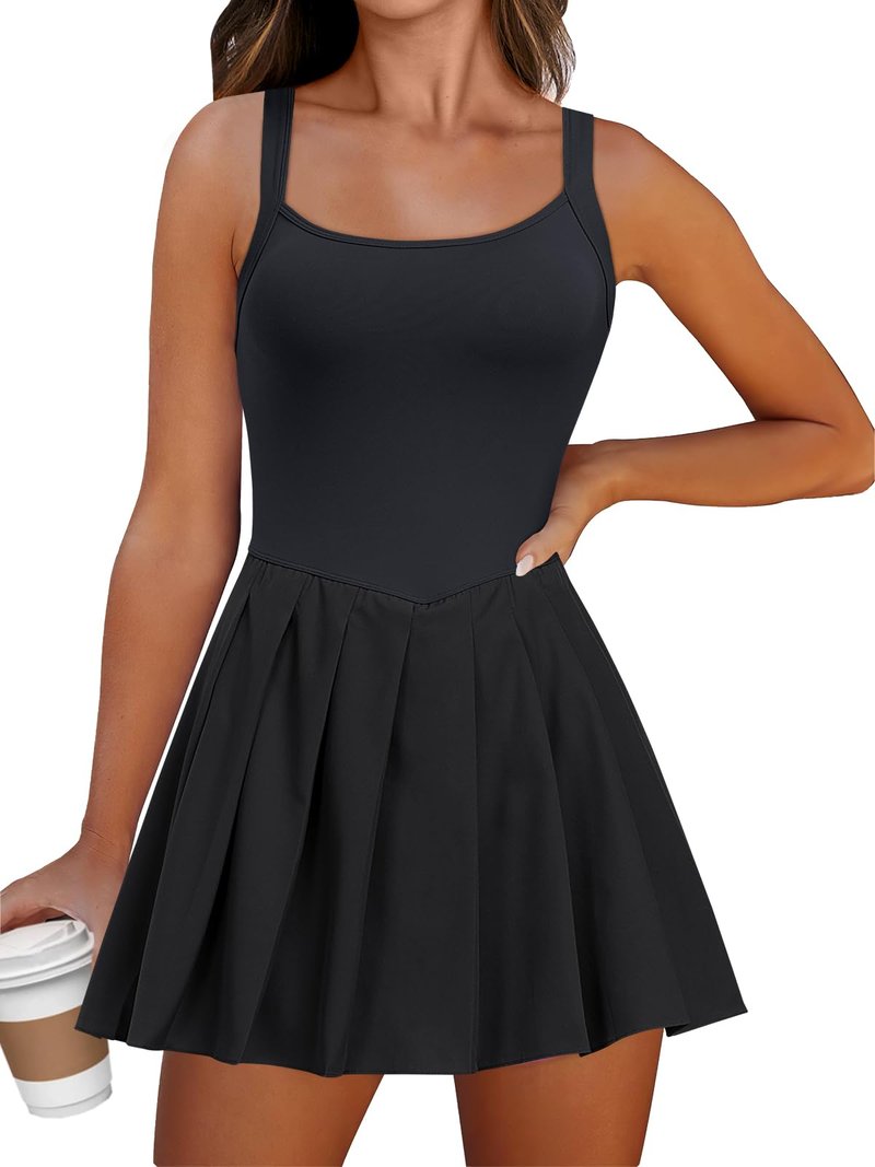 ANRABESS Women's Tennis Athletic Pleated Summer Mini Dress 2025 Golf Workout Build in Shorts Casual Romper Short Sundress Black Medium