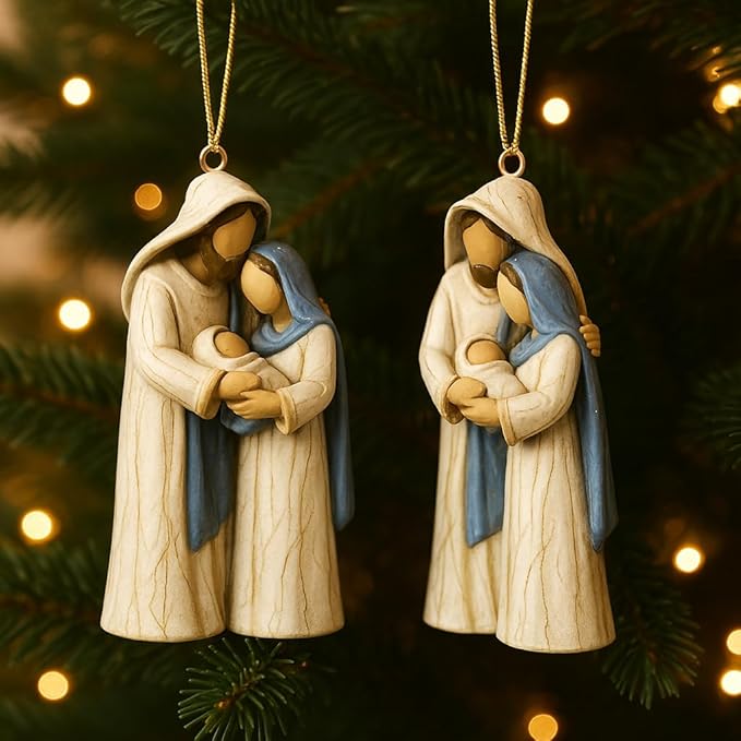 2-Pack Holy Family Nativity Hanging Ornament – Hand-Painted Resin Christmas Decoration, Religious Gift Keepsake for Xmas Tree, Wreath & Mantel – Mary, Joseph & Baby Jesus Figurine (Twin Holy Family)