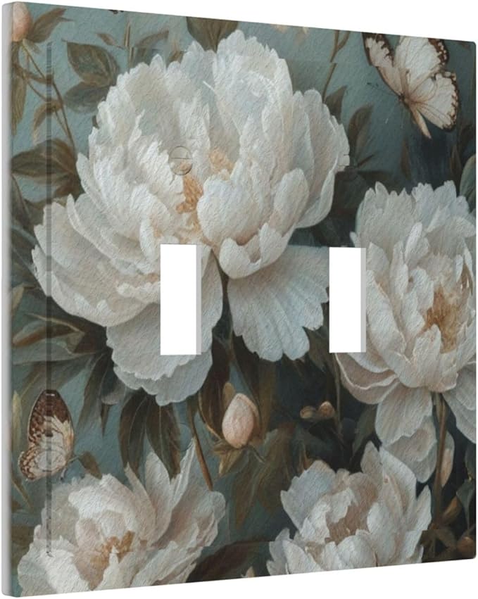 Decorative Art Light Switch Covers Butterflies & Peonies 2 Gang Double Toggle Wall Plate Decorative Switchcover Electrical Switchplate for Home Decor