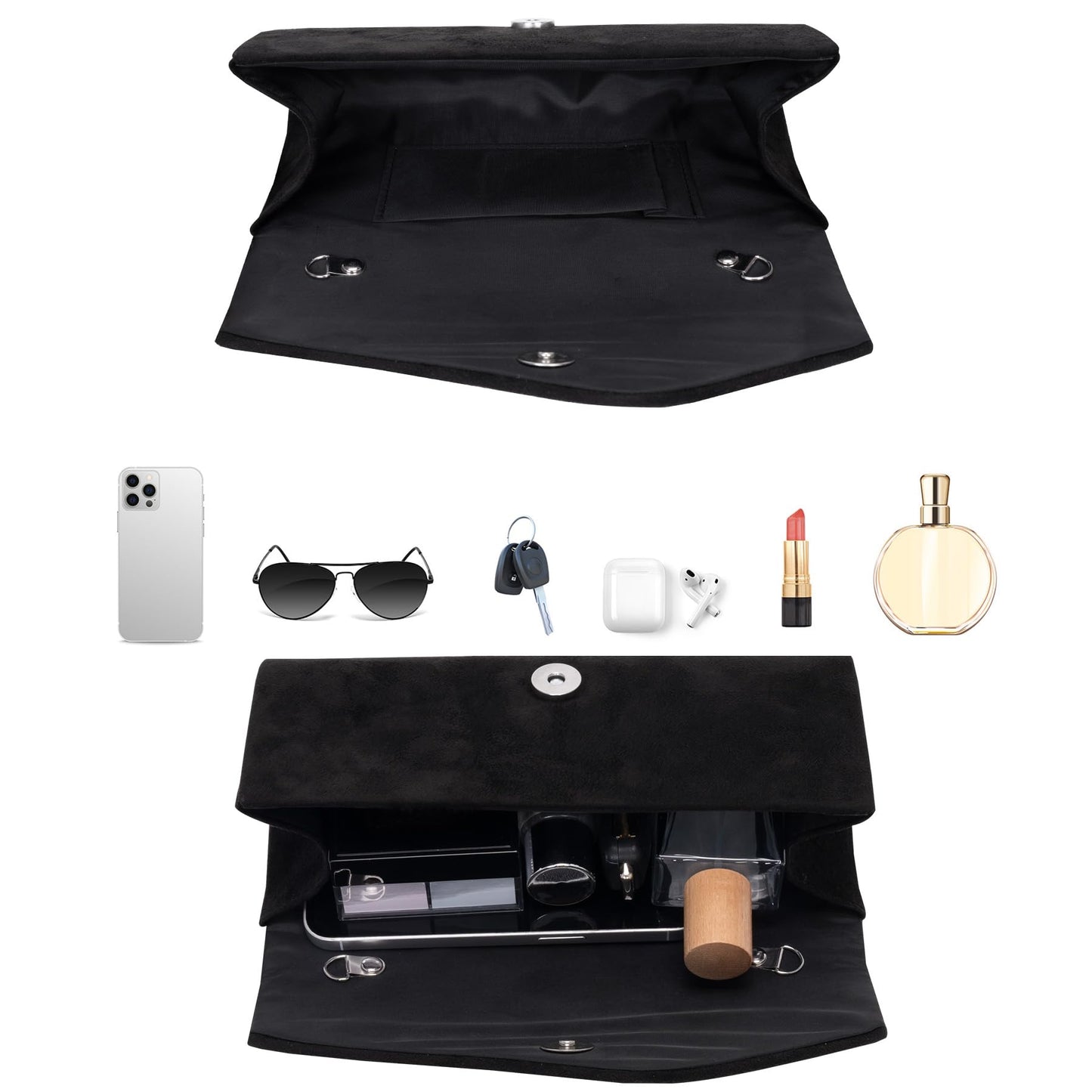 Larcenciel Elegant Black Suede Envelope Clutch Purse for Women, Soft Velvet Pleated Evening Bag with Detachable Chain Strap, Ladies Party Handbag for Formal Events, Wedding, Cocktail, Prom, Date Night