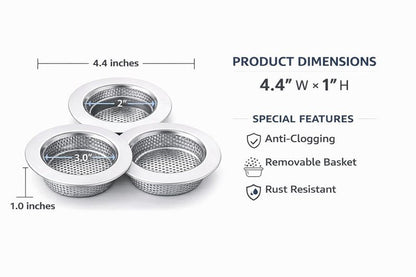 Sink Strainer Basket (3 Pack) – 304 Stainless Steel Kitchen Drain Strainer, Anti-Clog Sink Drain Catcher, Rustproof, Fits 4.4” Standard Sink