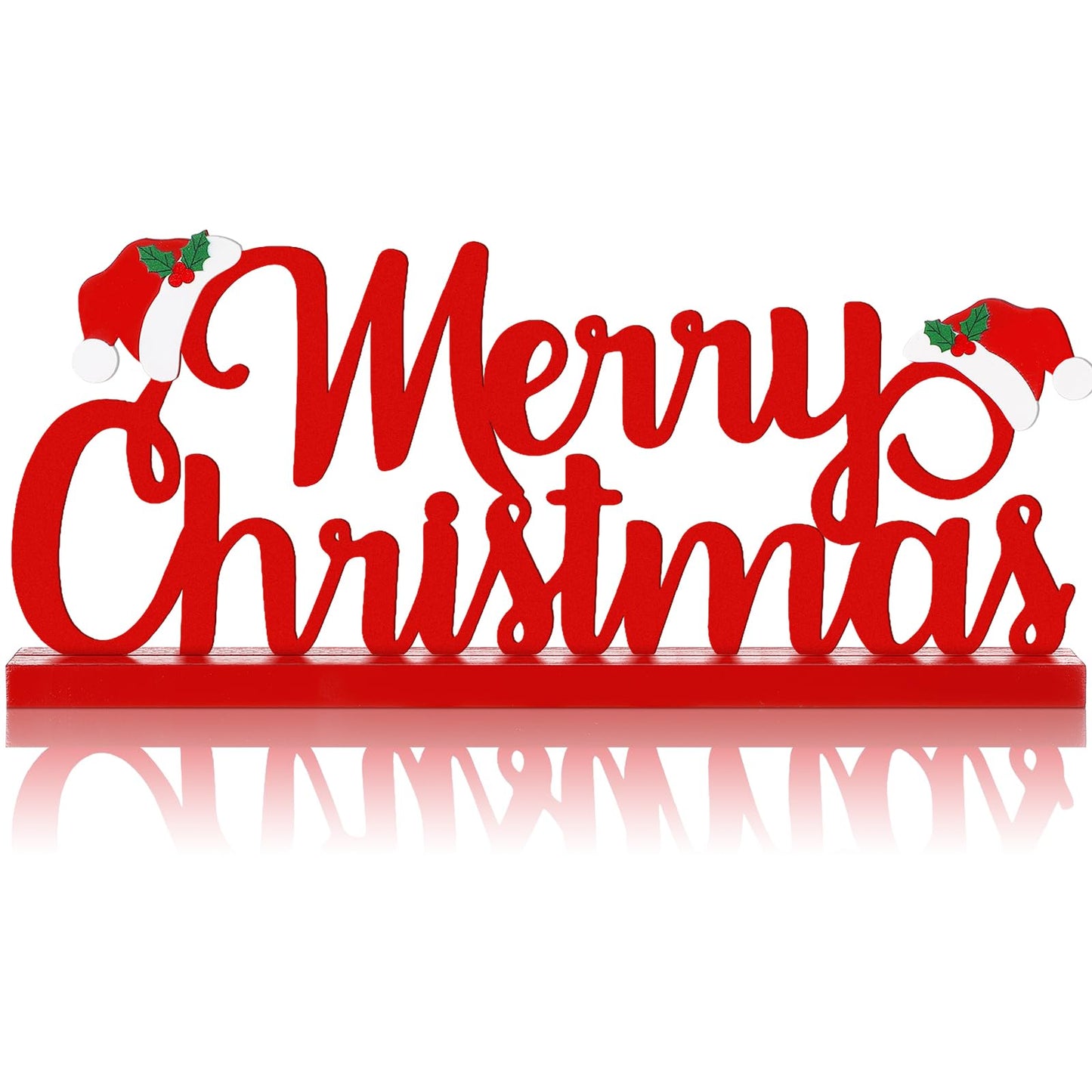 Realspring Merry Christmas Metal Sign Red Christmas Table Decoration Xmas Tiered Tray Decor Freestanding Metal Word Sign with Wooden Base for Xmas Home Tabletop Centerpiece Mantel Fireplace