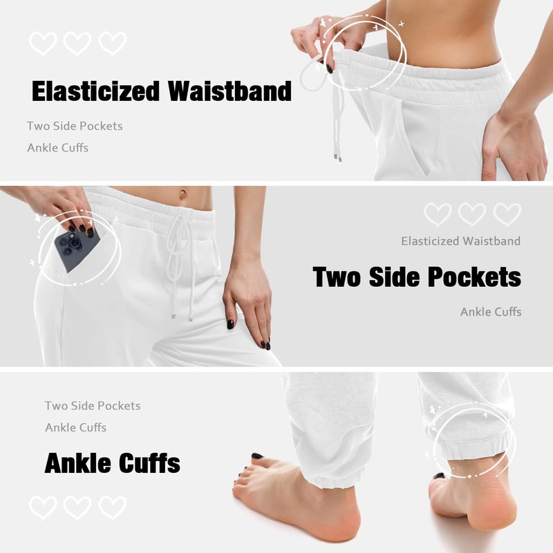 Walifrey Womens Joggers with Pockets, Drawstring Sweatpants Women for Lounging Jogging Gym and Workout White,1 Pack White M