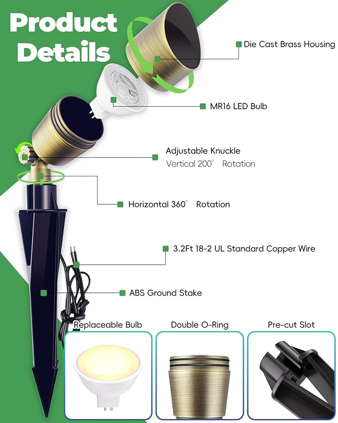 Low Voltage Brass Landscape Lights, Solid Outdoor Spotlights with Replaceable MR16 LED Bulb 5W, 2700K Warm White, 12V 24V Landscape Lighting, Waterproof Design for Garden, Yard, Patio