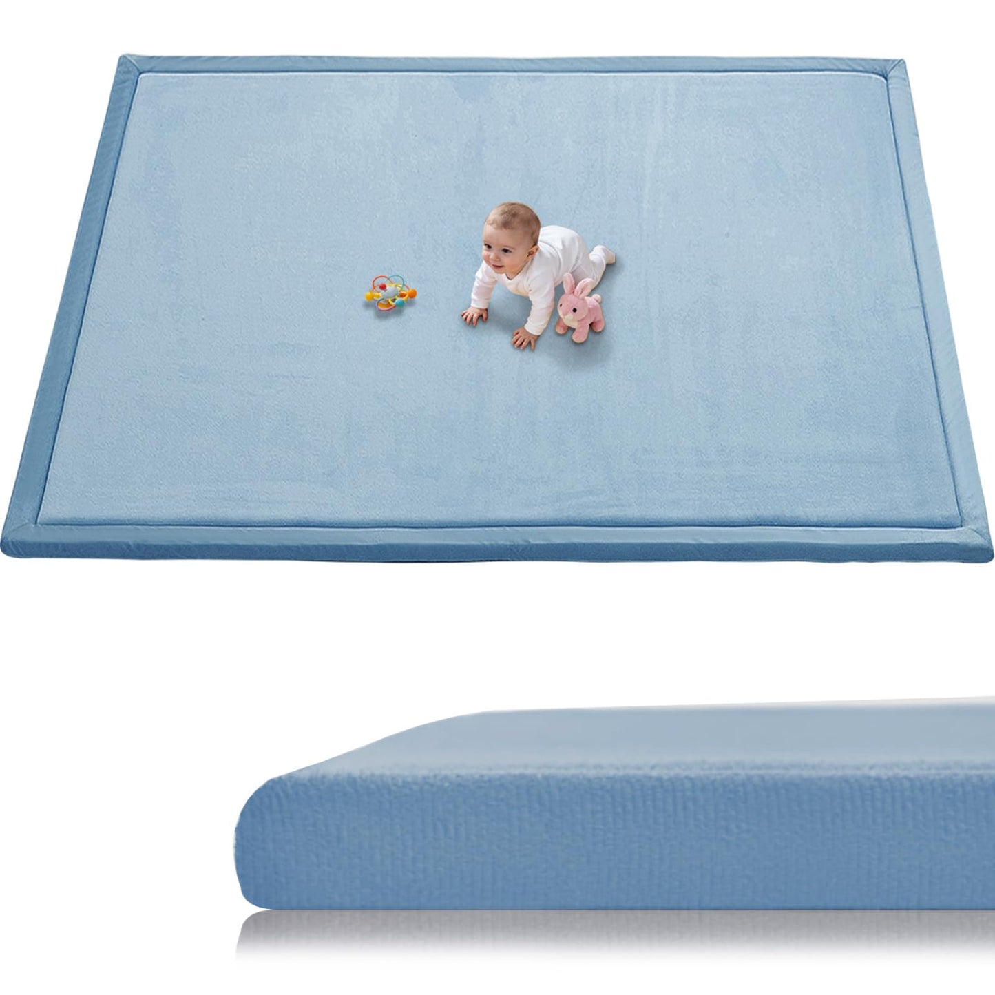 TreeBud Baby Play Mat for Floor, 1.3 Inch Thick Memory Foam Tummy Time Mat with Non Slip Backing, Soft Coral Velvet 59X71 Inch Playpen Mat Crawling Tatami for Infants Toddlers Kids, Midnight Blue