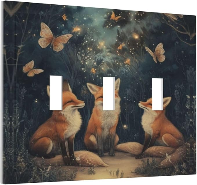 Decorative Art Light Switch Covers Foxes & Forest 3 Gang Triple Toggle Wall Plate Decorative Switch plate Electrical Faceplate for Home Decor