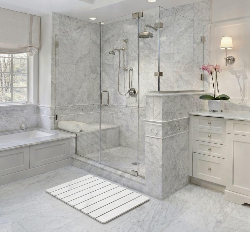 ELIHAM ESSENTIALS Premium Foldable Stone Bath Mat - Ultra Absorbent Quick Drying Compact Easy to Store & Clean Non-Slip Diatomaceous Earth Bath Shower Mat (Marble White)