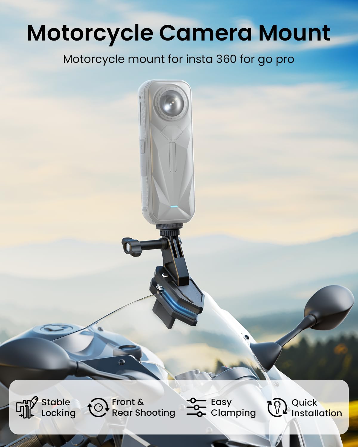 Maectech Motorcycle Windshield Clip Camera Mount for Insta360 X5/X4/X3 for GoPro for DJI Osmo Action Motorcycle Mount Clamps for Insta360 X5 Accessories