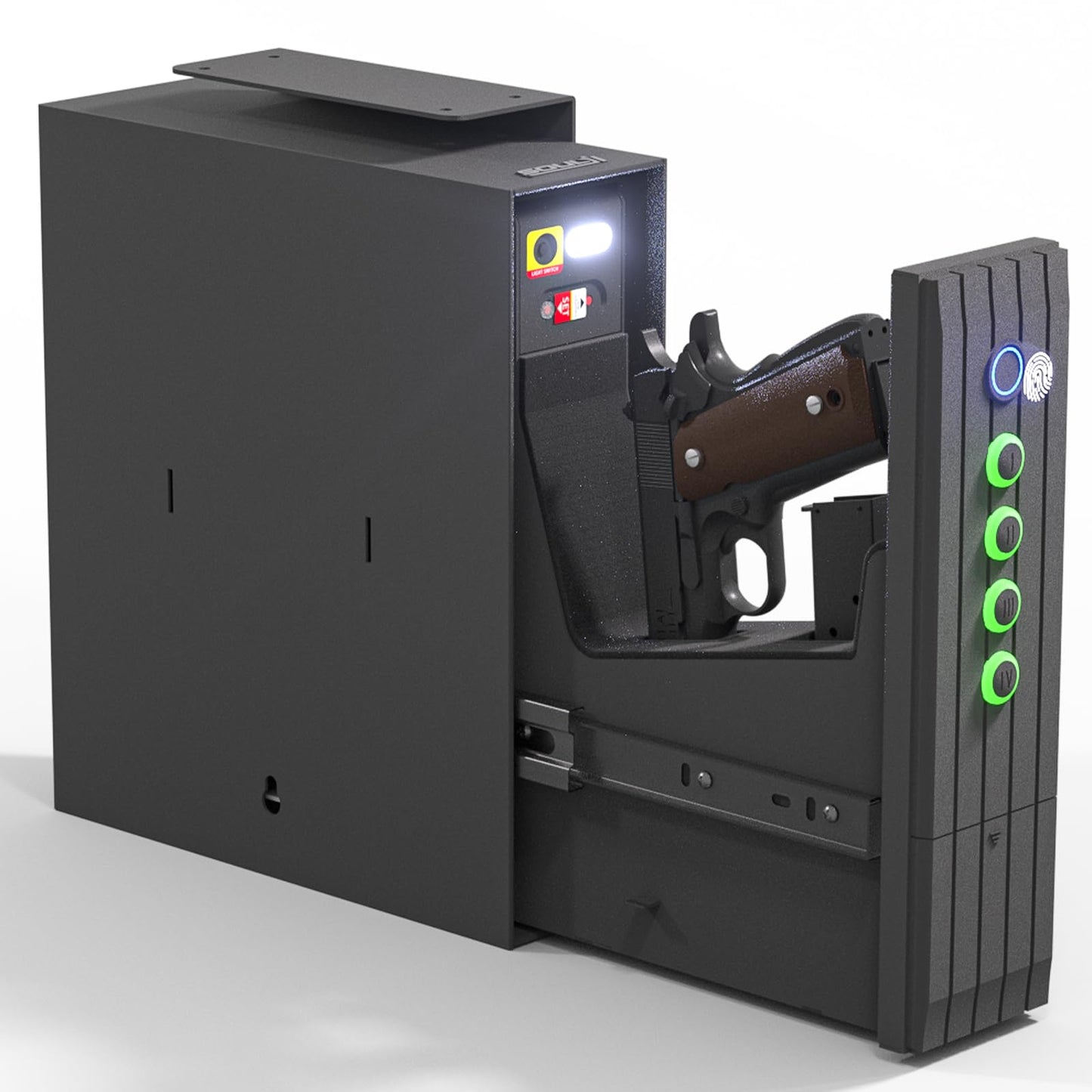 SOULYI Biometric Gun Safe for Handgun, 3 Way Quick Access Auto Sliding Door Bedside Pistol Safe for Nightstand, Desk, Vehicle with Fingerprint, PIN Code, Key Lock, LED Light, and Silent Mode
