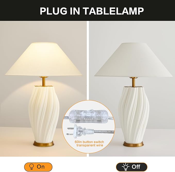 Modern Plug in Ceramic Table Lamps 20.5", White E26 Table Lamp Funky Decorative for Living Room Bedroom Room Office Desk End Bedside (Textured)