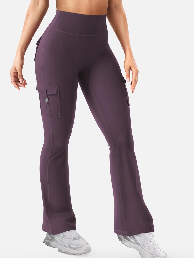 YEOREO CoreFlex Women Workout Flare Leggings with Pockets Scrunch Cargo Gym Yoga Leggings Black Berry Purple XS