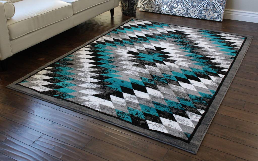 Masada Rugs, Stephanie Collection Area Rug Southwest Native American Distressed Design 1106 Turquoise Grey White Black (8 Feet X 10 Feet)