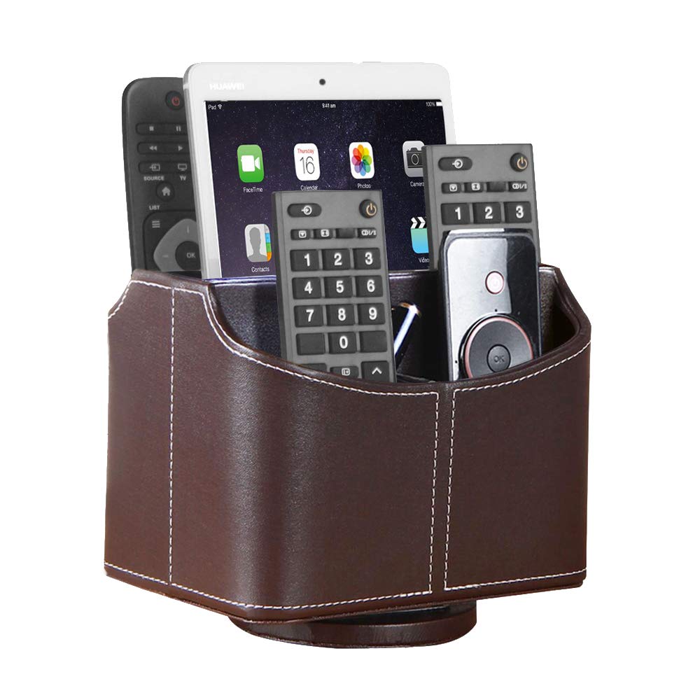 YAPISHI Leather Remote Control Holder, 360 Degree Spinning Desk TV Remote Caddy/Box, Coffee Table Organizer for Controller, Media, Calculator, Mobile Phone and Pencil Storage