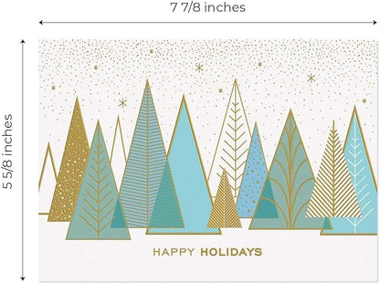 Masterpiece Contemporary Trees Gold Foil Holiday Cards / 15 Boxed Modern Christmas Cards With Shiny Foil Lined Envelopes / 5 5/8" x 7 7/8" Folded Winter Greeting Cards With Inside Verse