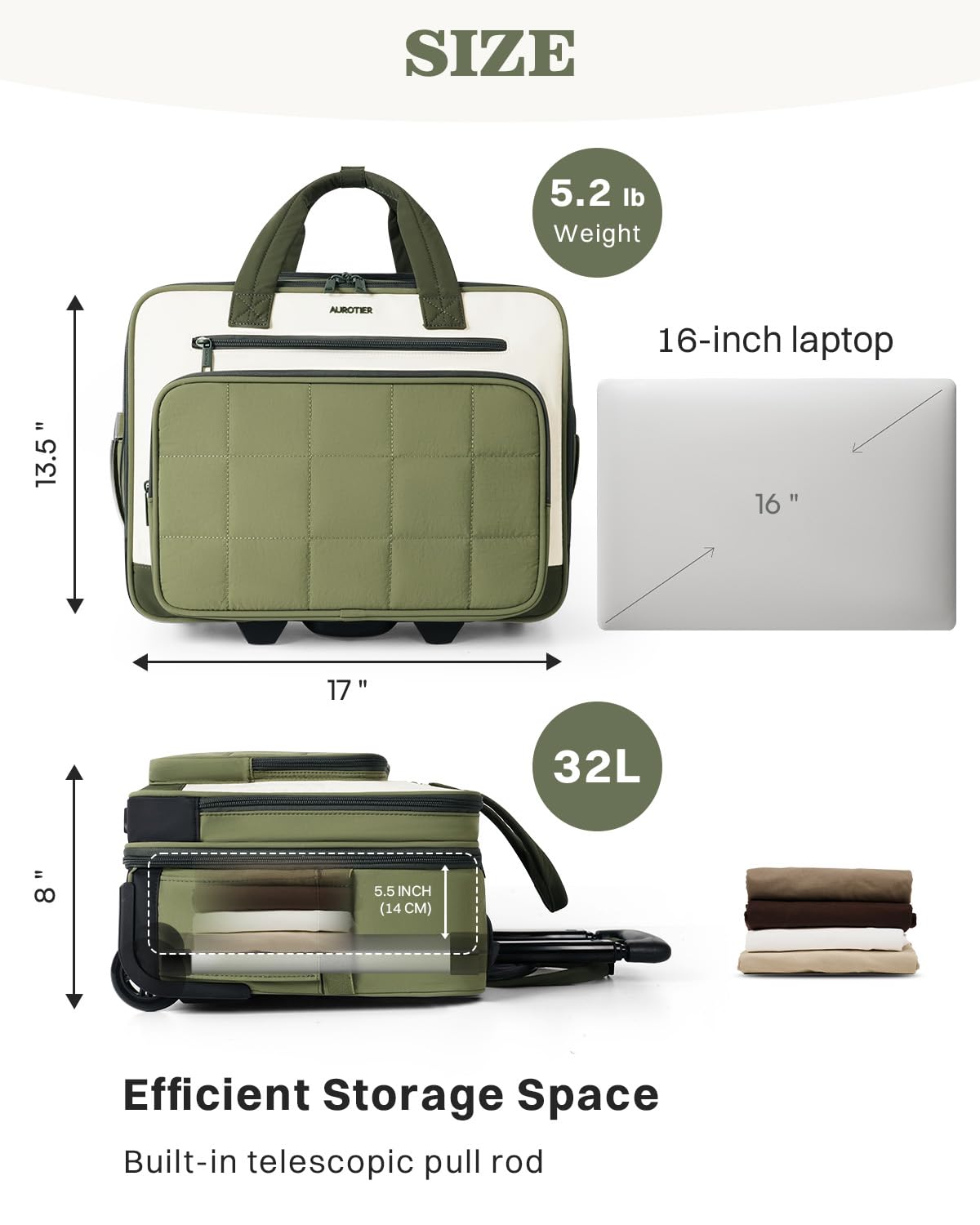 AUROTIER Rolling Puffer Laptop Bag, Rolling Briefcase for Women, Wheeled 16 Inch Computer Bag, Water Resistant Stylish Overnight Underseat Carry On Luggage with Wheels for Work Travel Business, Green