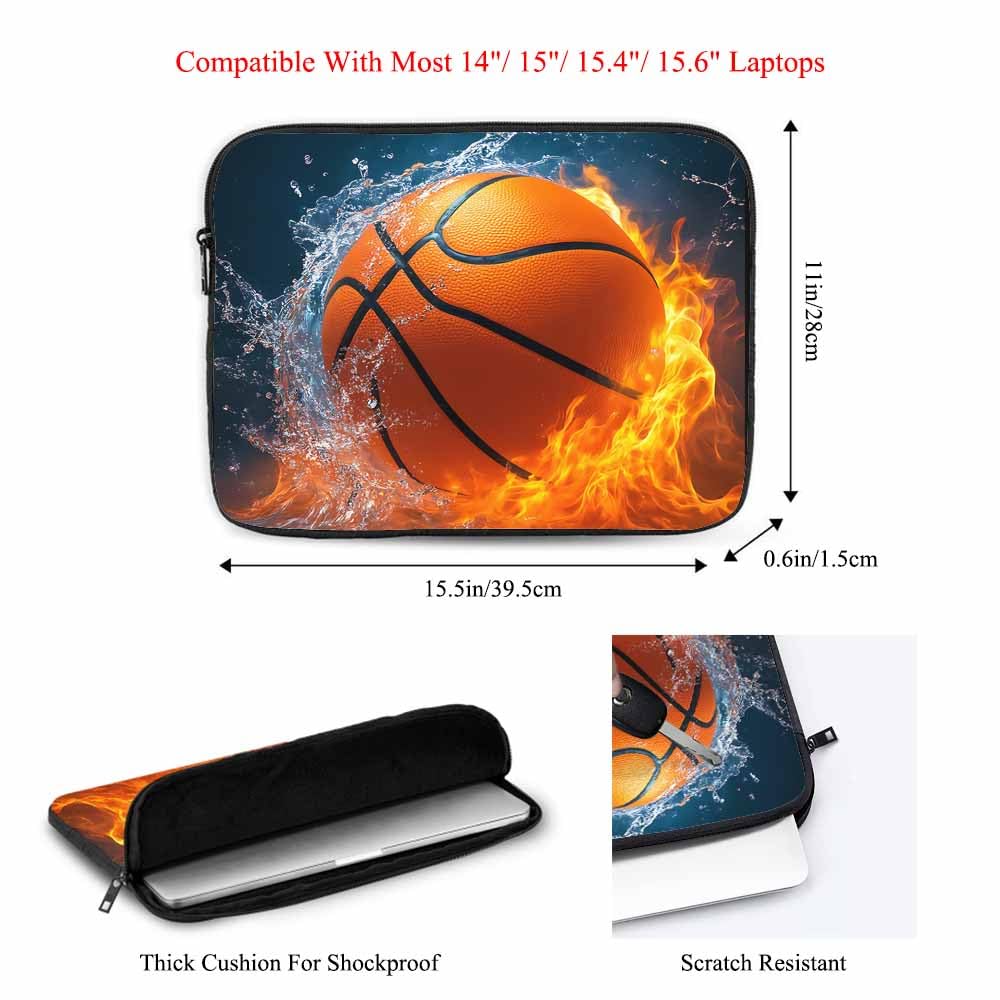 Nicokee Laptop Sleeve Bag 15.4 15.6 Inch,Basketball Ball in Fire and Water Ball Flame Protective Polyester Computer Cases Laptop Cover Briefcase Bag Tablet Travel Cover
