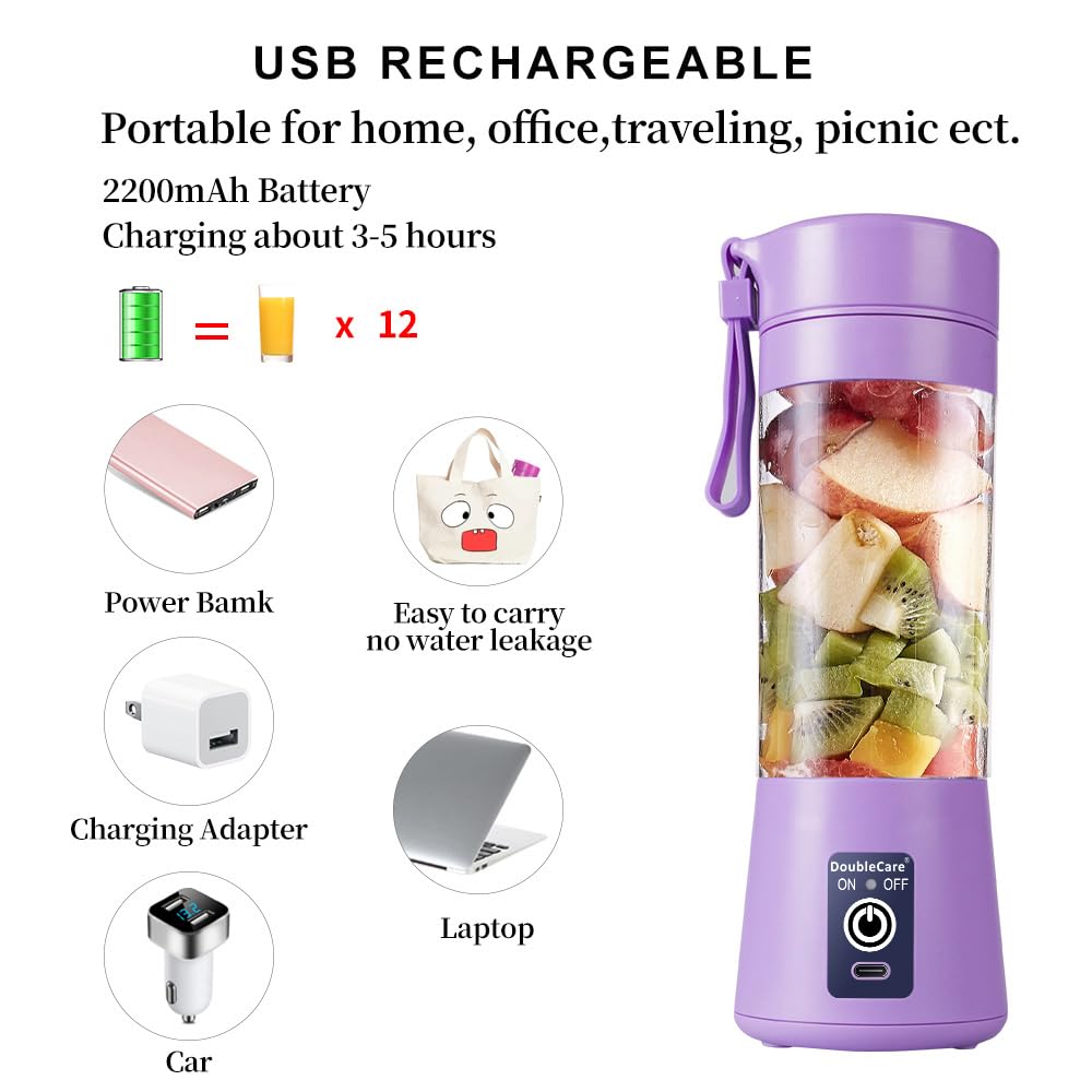 Portable Blender Cup,Electric USB Juicer Blender,Portable Juicer For Shakes and Smoothies, juice,380ml, Six Blades Great for Mixing,light purple