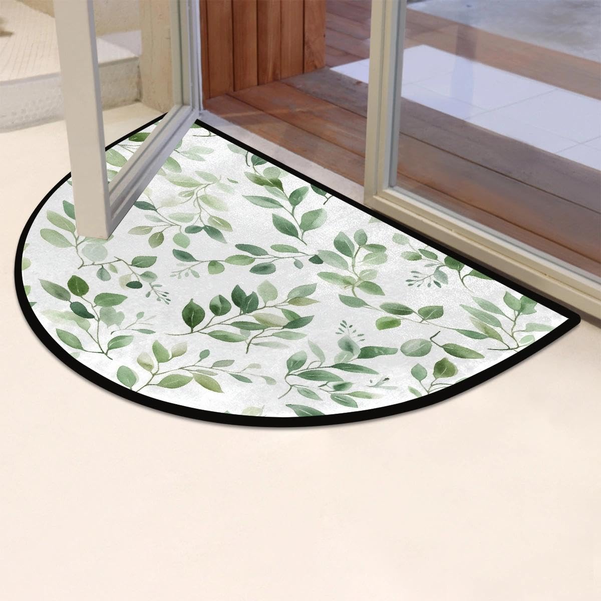 Eucalyptus Leaves Half Round Door Mat Soft Non Slip Semi Circle Bath Rug with TPR Backing,Sage Green Botanical Welcome Doormat Entryway Rugs for Front Door Living Room Bathroom,36x24IN