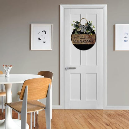 Welcome To The Mancave Front Door Sign Funny Wreaths Hanging Wooden Plaque Decoration Round Rustic Wood Farmhouse Porch Decor for Home Front Door Decor, 11 x 11 Inch