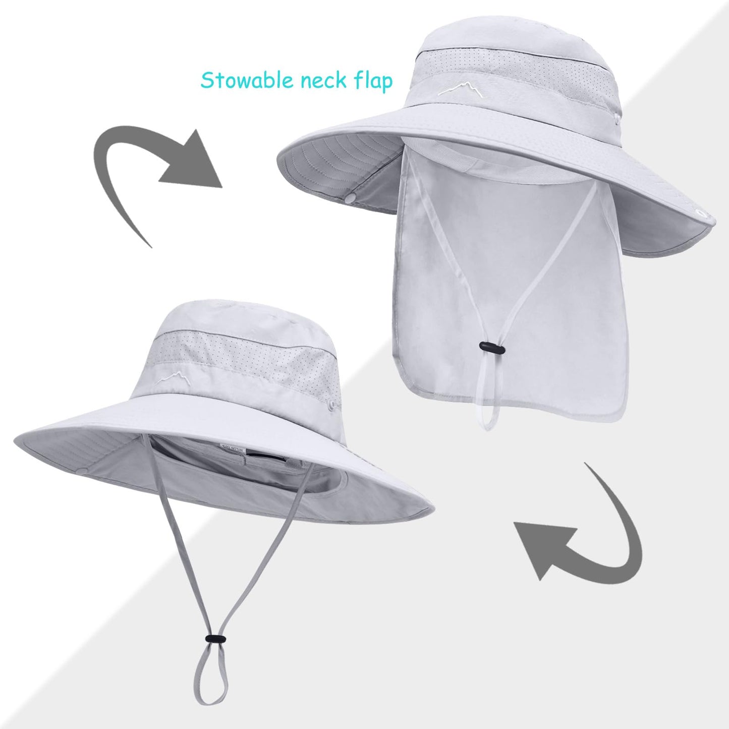 Sun Hats for Men Women, UPF50+ Protection Safari Hat,Wide Brim Fishing Hat with Neck Flap,Bucket Hats for Beach Hiking Lightgrey