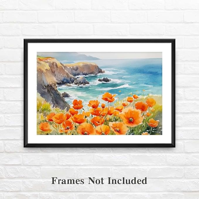 Yesad Poppies Wall Art, California Landscape Canvas Wall Art Poppy Poster Coastal Wall Art Flower Pictures Farmhouse Wall Décor for Living Room Bedroom (Unframed,30”x20”, Poppy2)