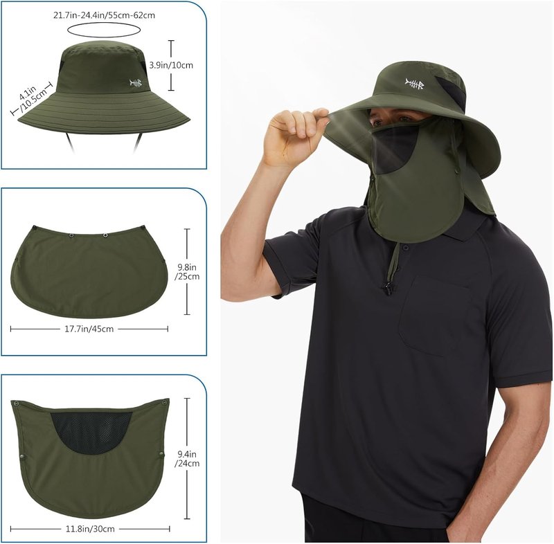 BASSDASH UPF 50+ Sun Hat - Breathable Wide Brim Bucket Hat with Removable Face Cover & Neck Flap for Fishing & Hiking