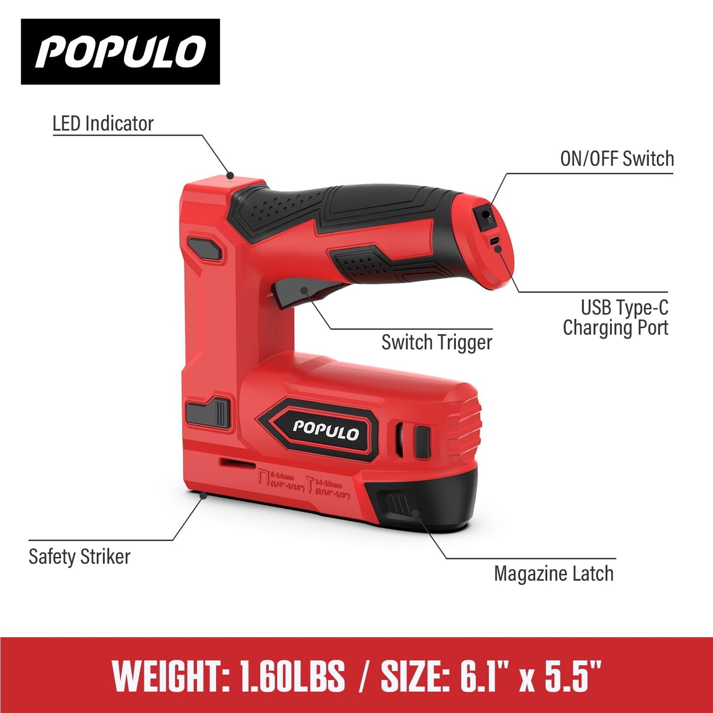 POPULO Electric Staple Gun, 2 in 1 Electric Stapler Tacker 4V Cordless Brad Nailer Kit, Battery Powered Nail Gun for Upholstery, Carpentry, DIY with Staple Remover, 1600 Staples and Nails, Red
