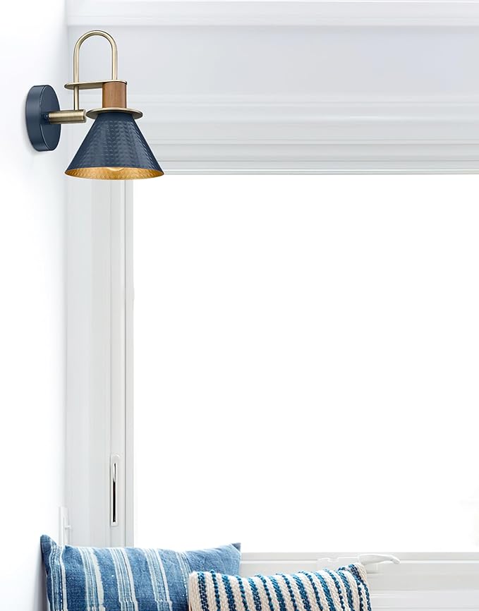 Rustic Wall Sconces Set of Two, HWH Indoor Wall Sconce 1-Light Barn Vanity Light, Gooseneck Barn Wall Lamp for Bathroom Bedroom Kitchen, Hammered Metal Shade, Navy Blue Finish, 5HZG74B-2L BL+BG