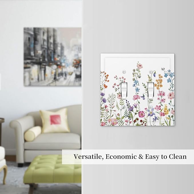 Rustic Wild Floral Vintage Watercolor Flower Double Toggle Light Switch Cover Decorative 2 Gang Wall Plate Electrical Switchplate Faceplate for Bathroom Kitchen Decorate Accessories