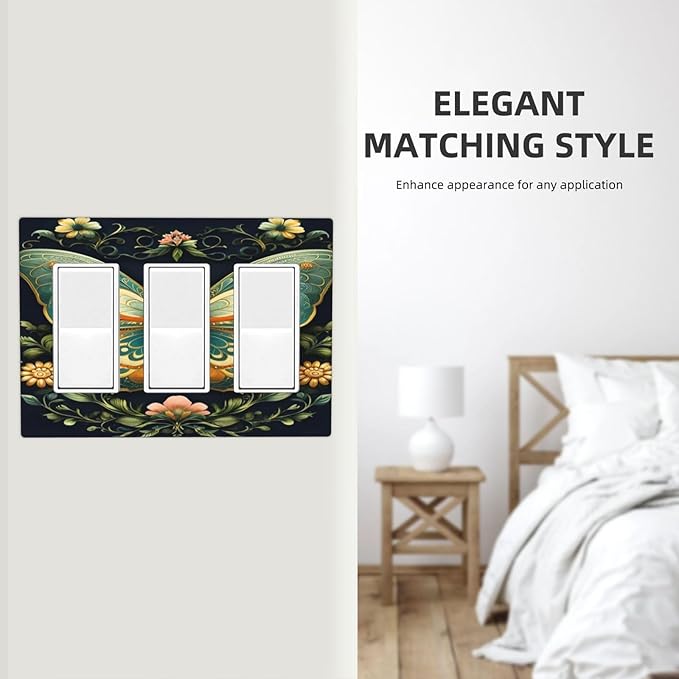 Butterfly Ornate with Flower 3 Gang Rocker Triple Outlet Wall Plate Decorative Switchplate Cover Faceplate GFCI Light Switch Covers for Farmhouse Living Decor
