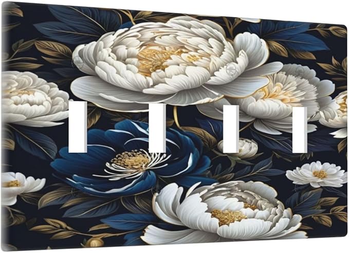 White Gold Blue Flower Light Switch Covers Quad Toggle 4 Gang Wall Plate Decorative Switchplate Electrical Faceplate for Farmhouse Bathroom Living Decor