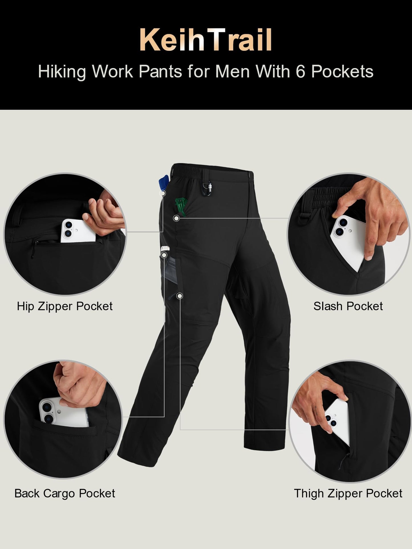 Mens Hiking Cargo Work Nylon Pants - Water & Wear Resistant Breathable Lightweight Stretch Quick Dry - EDC with 6 Pocket Black