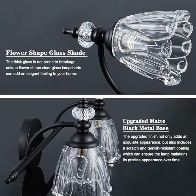Matte Black Vanity Light, Farmhouse Bathroom Light Fixtures, 2 Light Bathroom Vanity Lights, Flower Glass Shade Wall Sconce Lighting