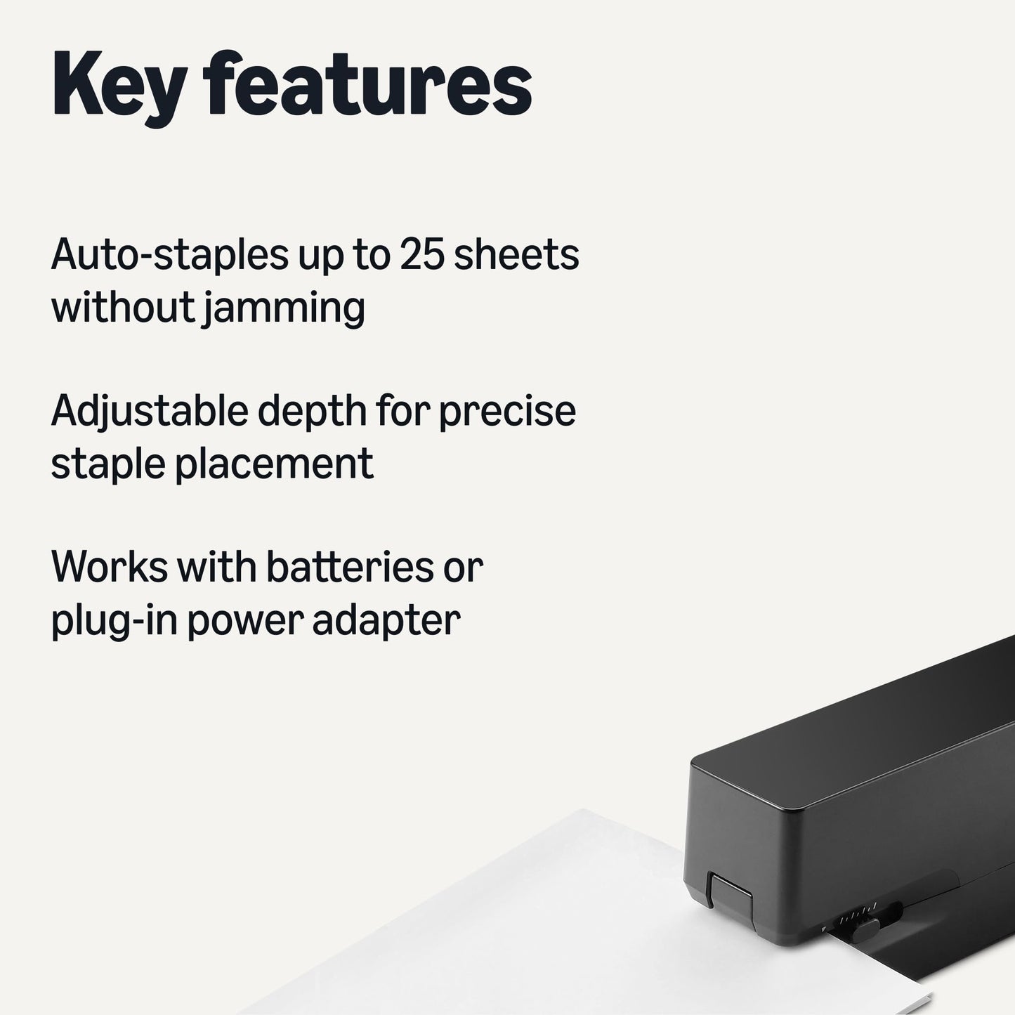 Amazon Basics Electric Automatic Stapler for Desk, 25 Sheet Capacity, No Jam Technology, Adjustable Staple Placement, Battery or AC Powered, Black