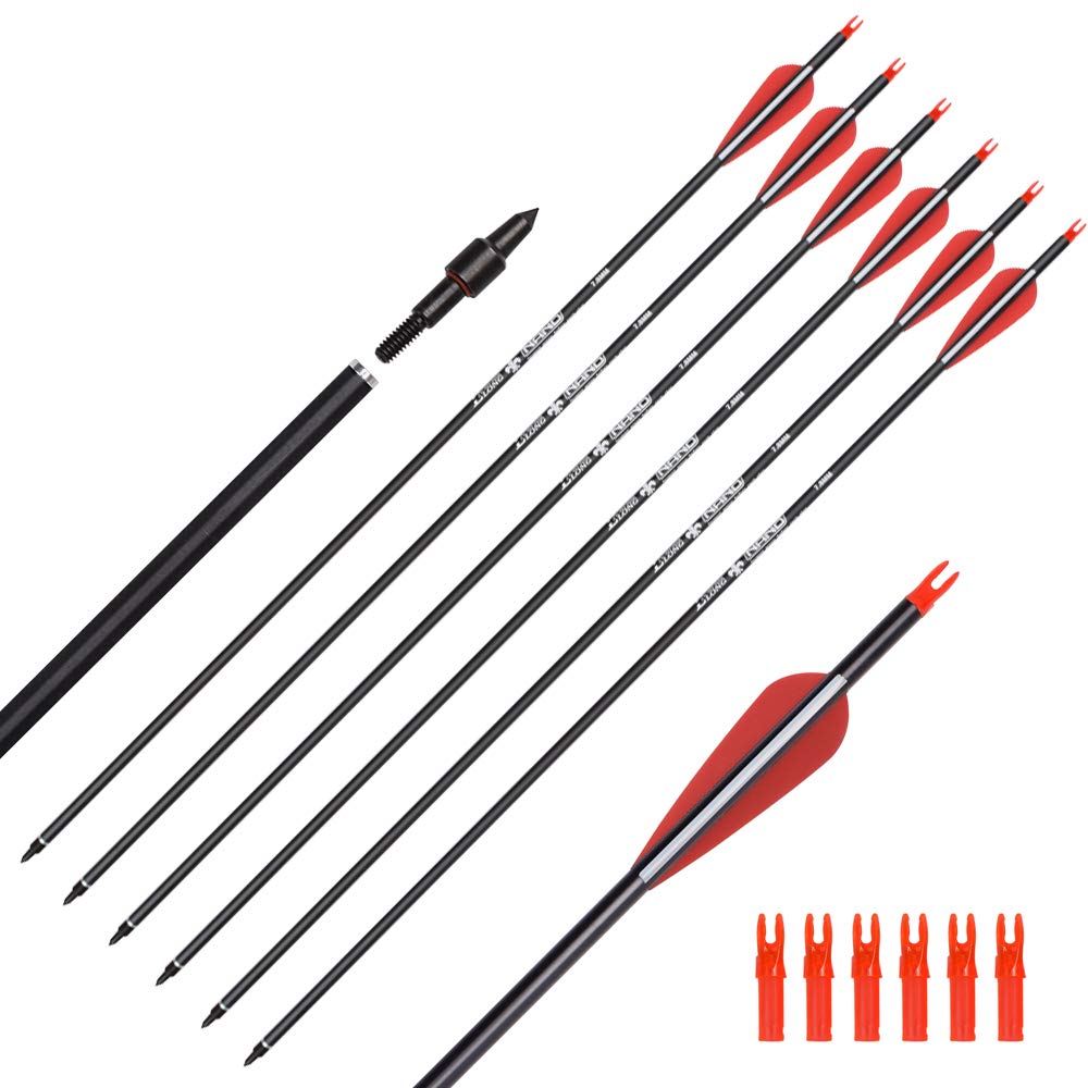 Elong 6PCS 26" Arrows for Compound Bows,Carbon Hunting Arrows for Archery Spine 500 with 100 Grain Screw Tips, for Compound & Recurve & Traditional Bow(with 6 Extra Nocks)