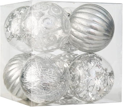 XmasExp 8ct Christmas Ball Ornaments Set -Large Clear Plastic Shatterproof Xmas Tree Ball Hanging Baubles Stuffed Delicate Glittering for Holiday Wedding Xmas Party Decoration (100mm/3.94",Silver)
